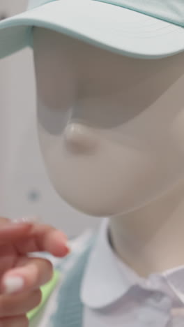 woman touches child mannequin in store closeup. happy customer plays with dummy in blue cap visiting clothes shop. playful buyer at shopping