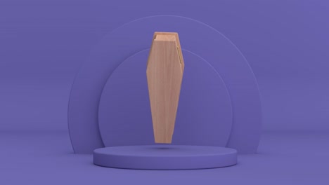 4k resolution video: wooden coffin with golden cross and handles rotating over violet very peri cylinders products stage pedestal on a violet very peri background loop animation