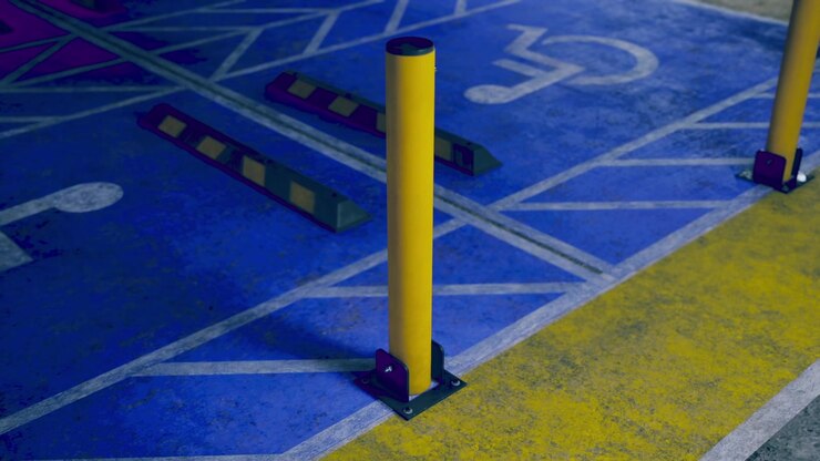 Bright yellow post in a colorful parking lot awaiting busy drivers