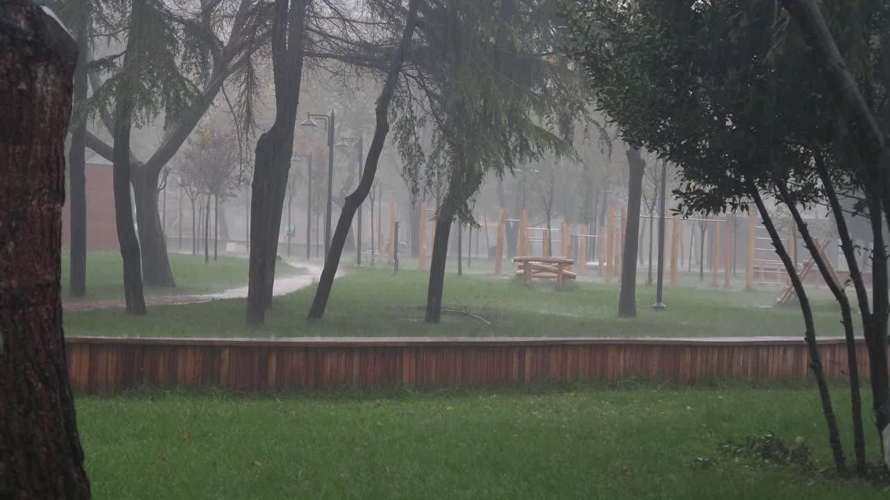 공원에서 비가 오는 날