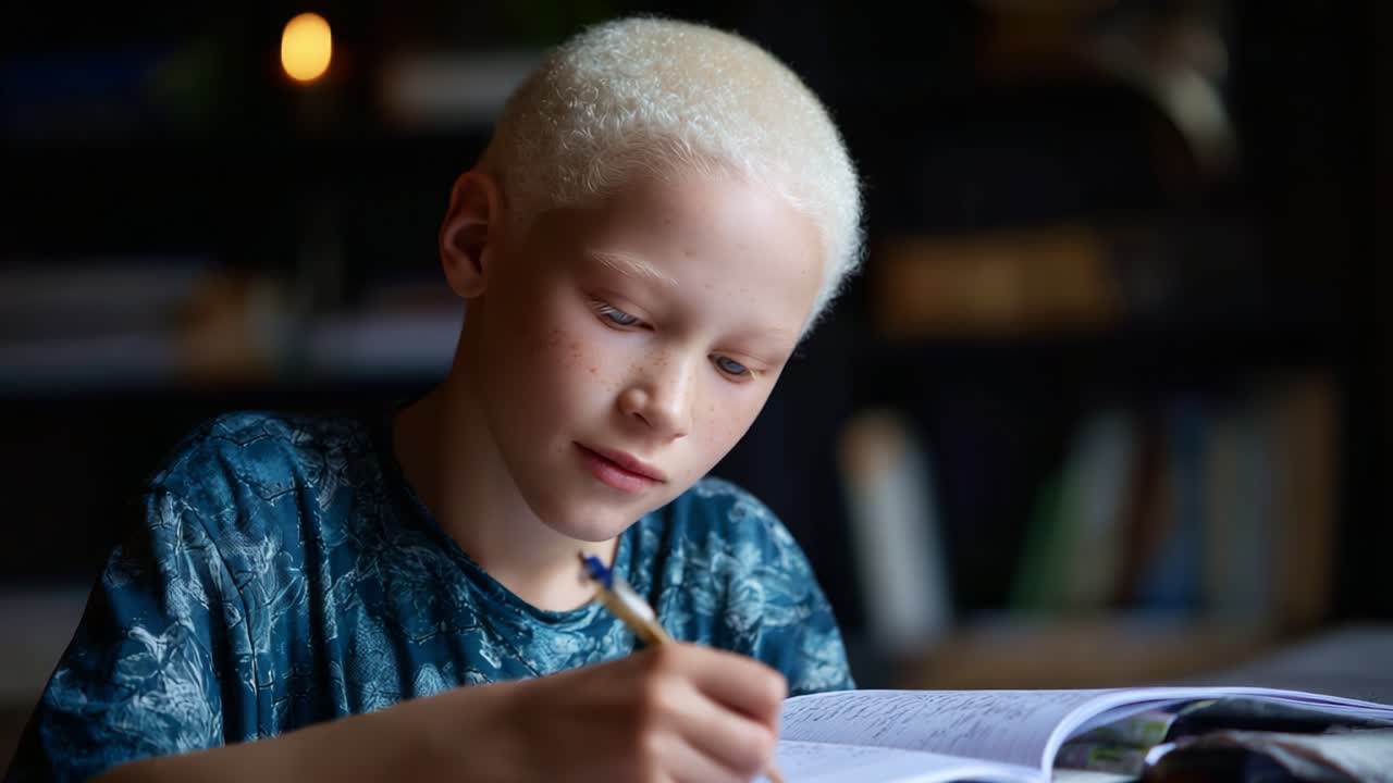 Bambino concentrato con capelli biondo chiaro che scrive su un quaderno, che mostra concentrazione e creatività in un ambiente interno accogliente, evidenziando l'impegno scolastico