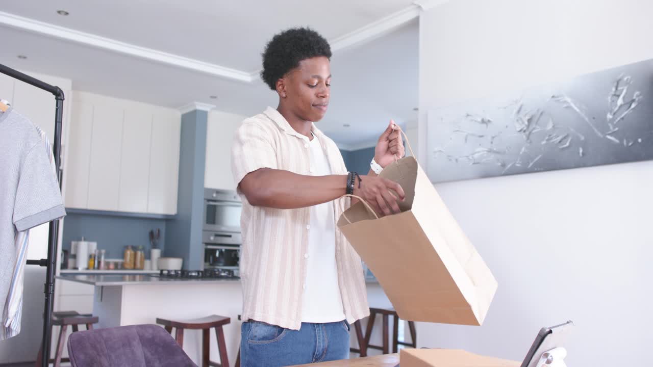 Man reaching toward boxes, packing items into brown bag while animated checklist confirming orders