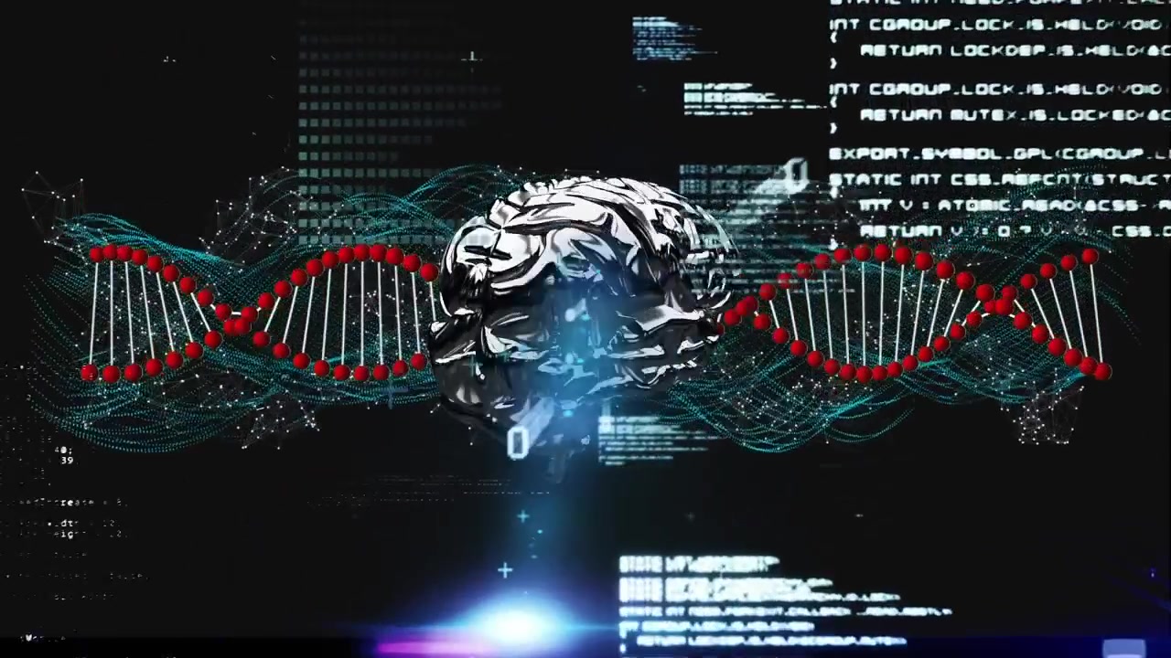 Animation of digital brain and dna strand over data processing