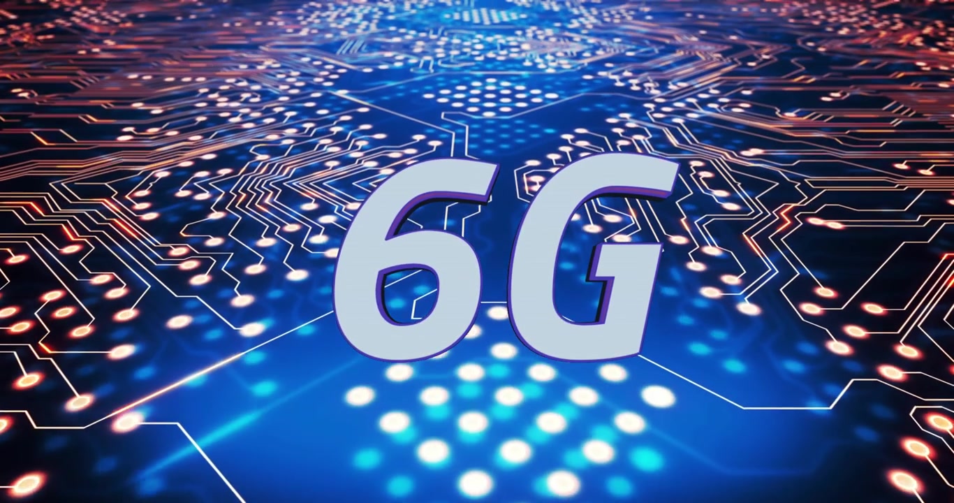 Animazione del testo "6G" su connessioni di microprocessori, su sfondo blu.