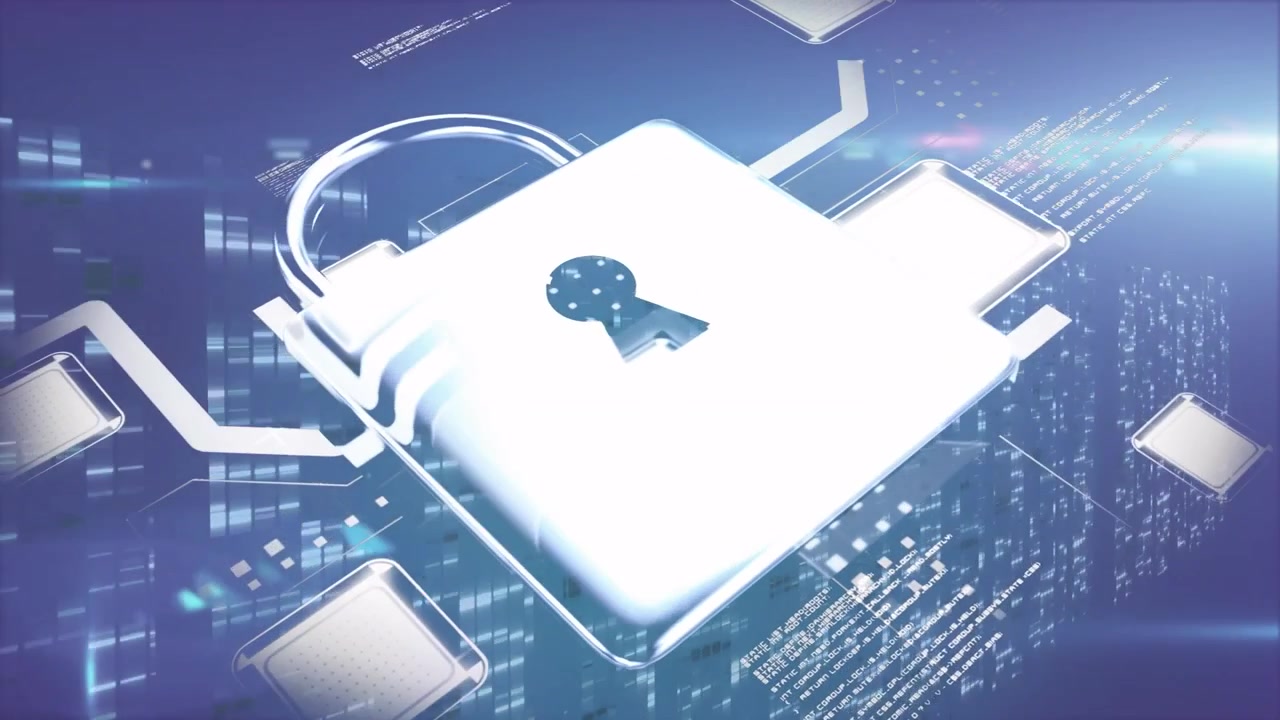 Floating squares brightening causing central square morphing into rotating 3D padlock securing data