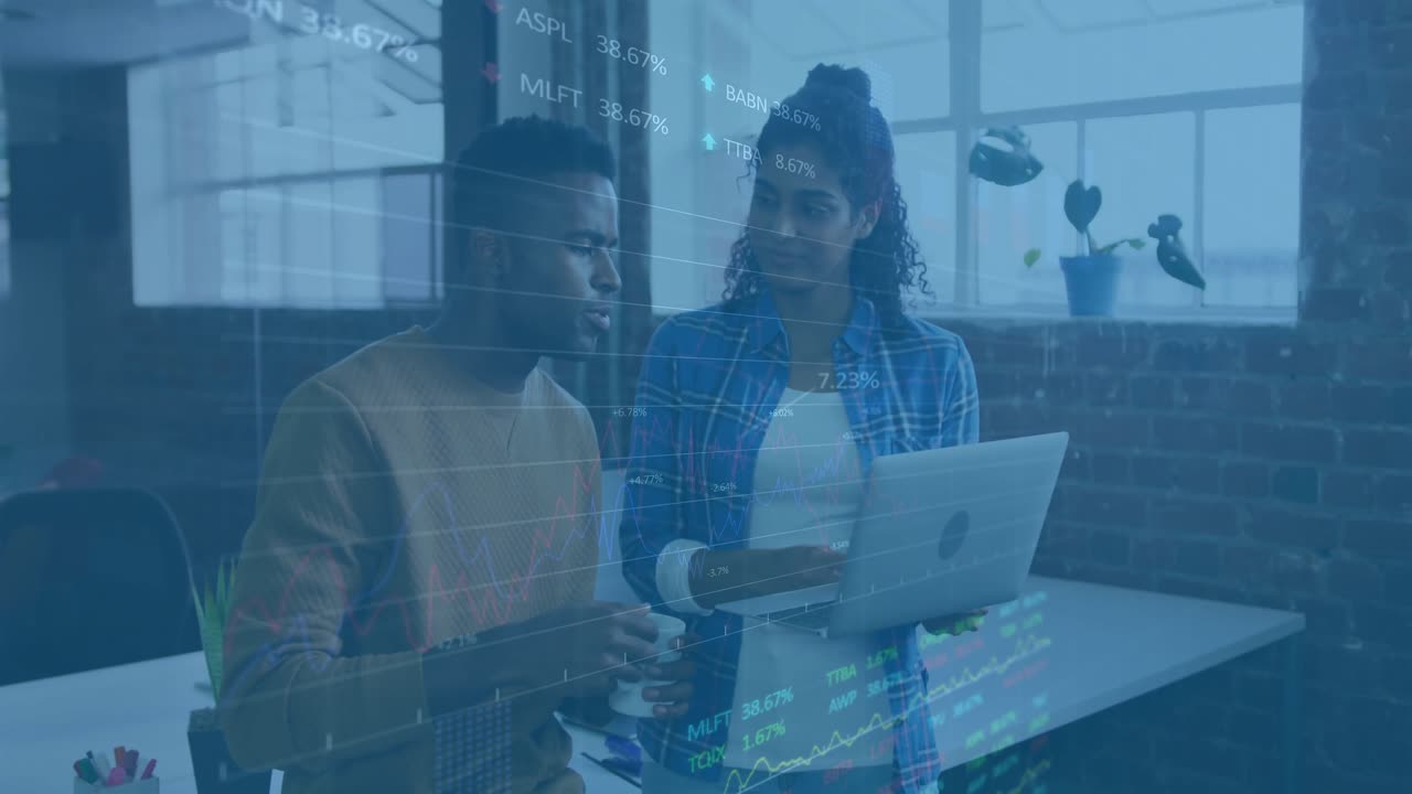 Man holding mug and woman scrolling laptop while showing stock charts fading in for finance review