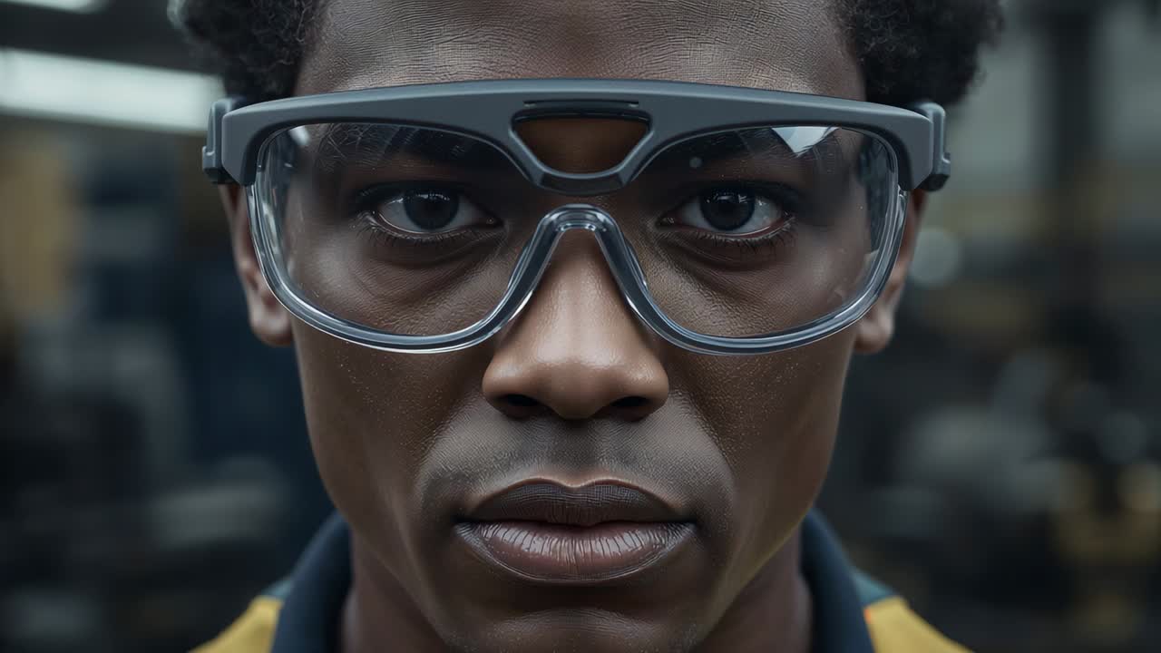 Holding gaze, worker wearing safety goggles, yellow-trim jacket monitoring workshop as light shifts