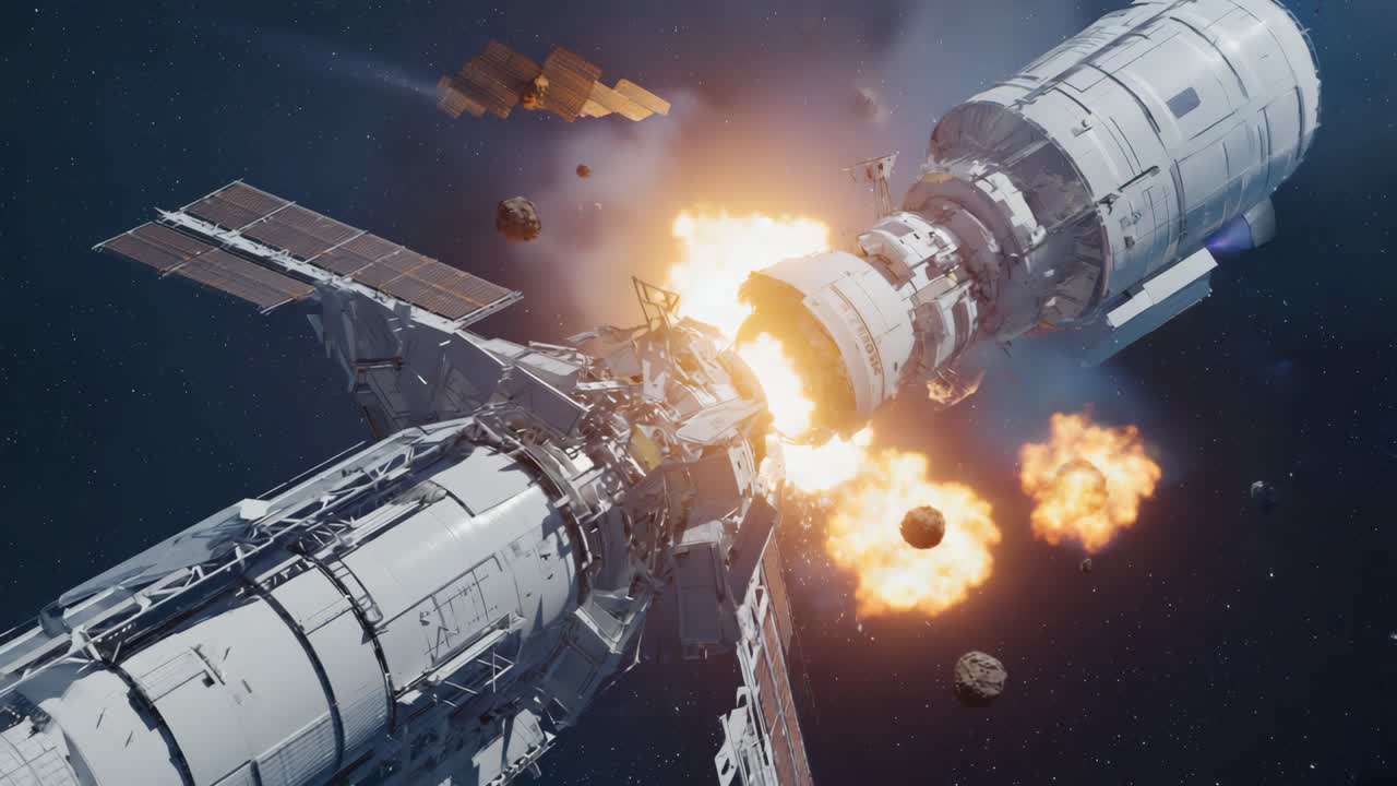 Space Station Explosion in Outer Space