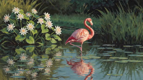 flamenco rosado y lirios de agua