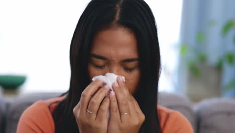 Sick,-tissue-and-woman-blowing-her-nose