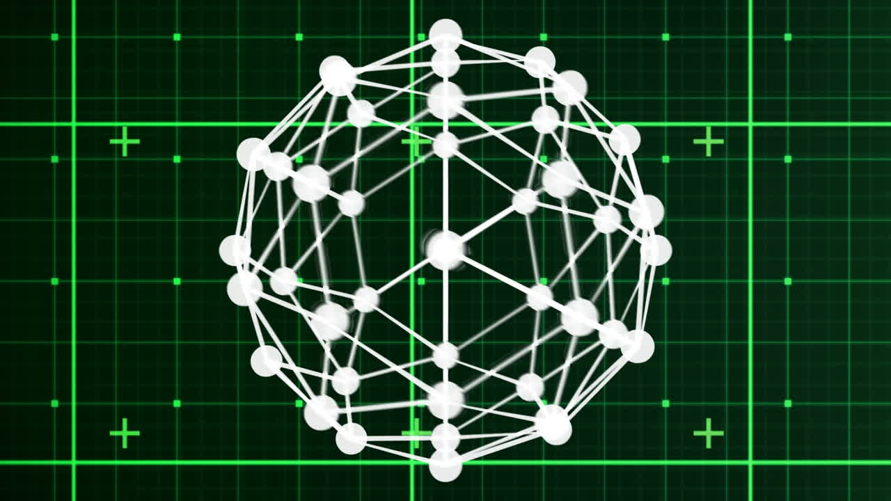 체크된 초록색과 검은색 공간 위에서 회전하는 분자의 애니메이션