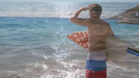 animación del reflejo del agua sobre un feliz surfista caucásico mirando a la distancia