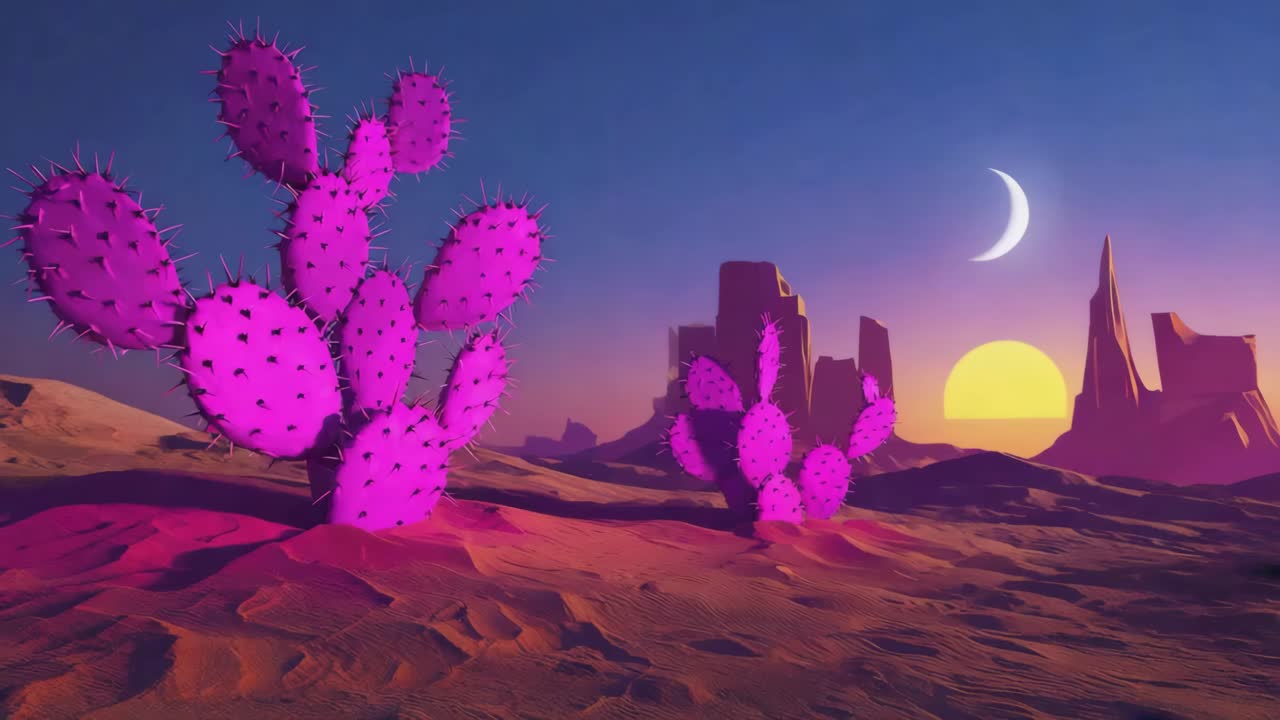 Desert Landscape with Pink Cactus and Crescent Moon