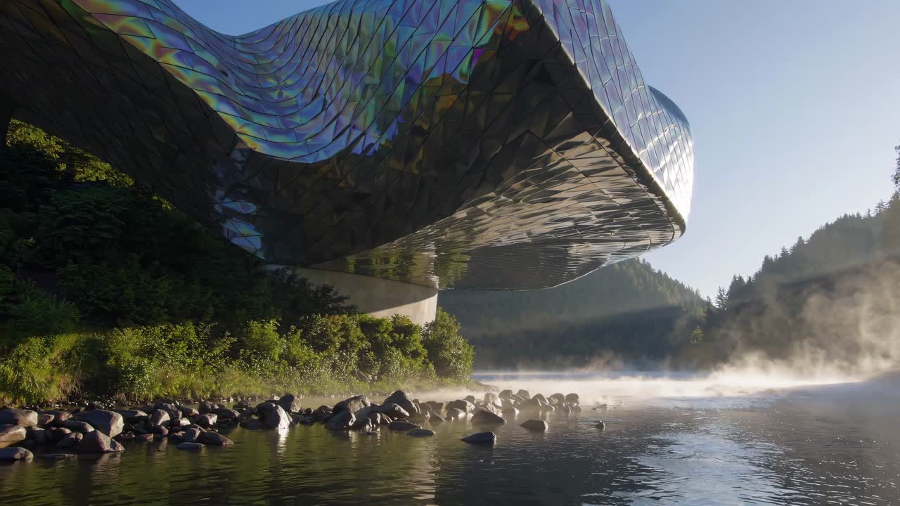 Modern Museum by a Misty River