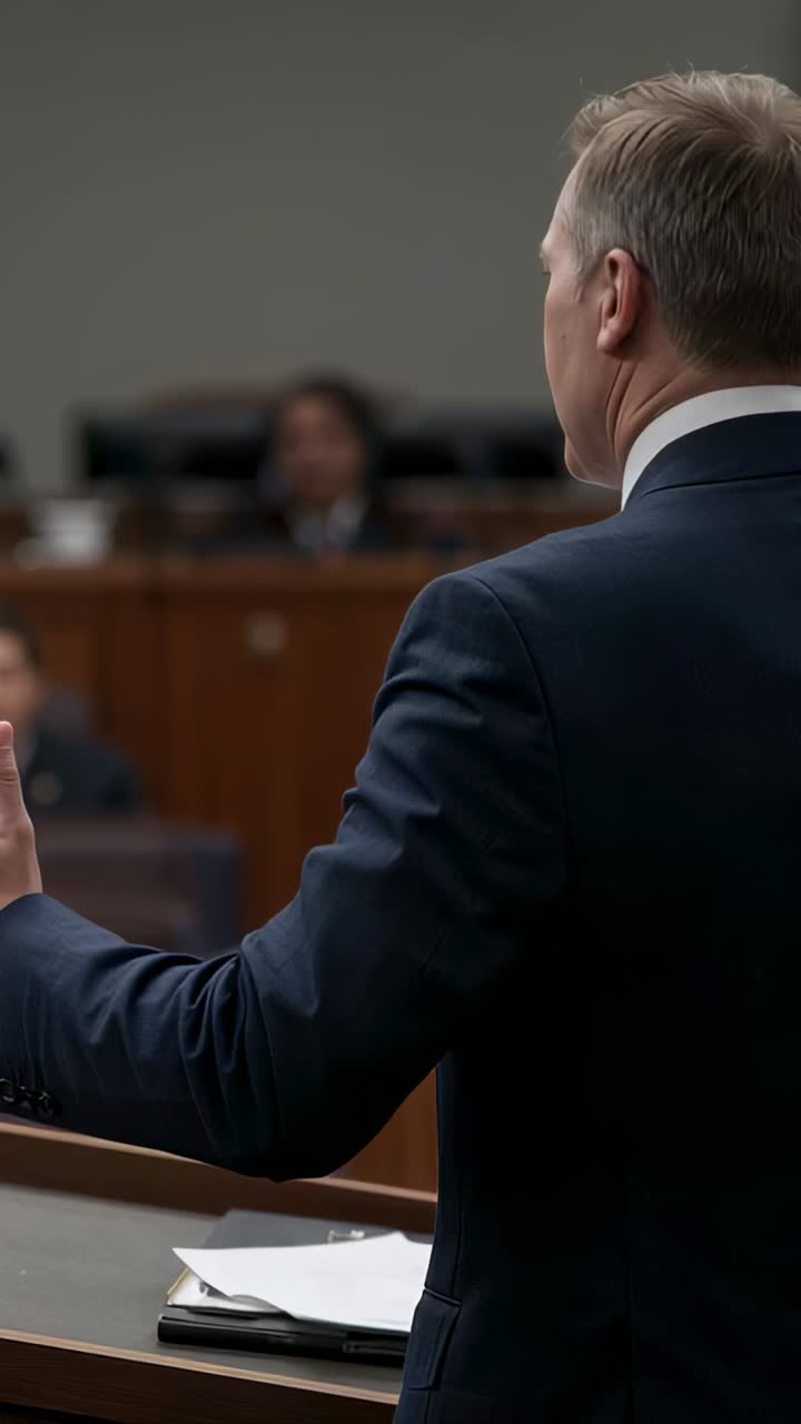 Vertical video: Camera panning lawyer in suit gesturing at court lectern with papers arguing case