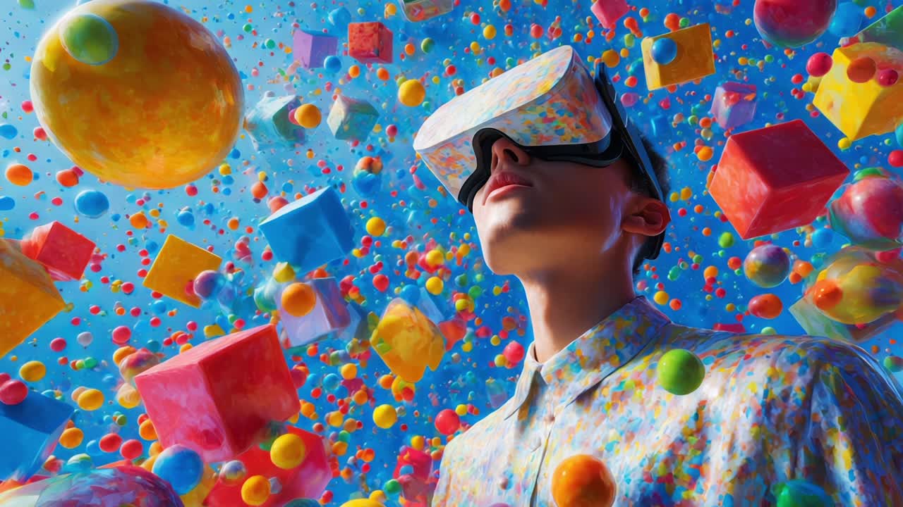 A Young Person Embracing Virtual Reality Surrounded by a Colorful Explosion of Geometric Shapes and Bubbles, Immersed in an Engaging Digital Environment Full of Playful Elements