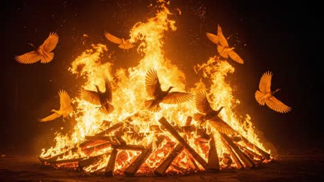 A mesmerizing scene unfolds as a fiery blaze rises from a towering bonfire, illuminating the night sky while flocks of birds soar gracefully above the roaring flames
