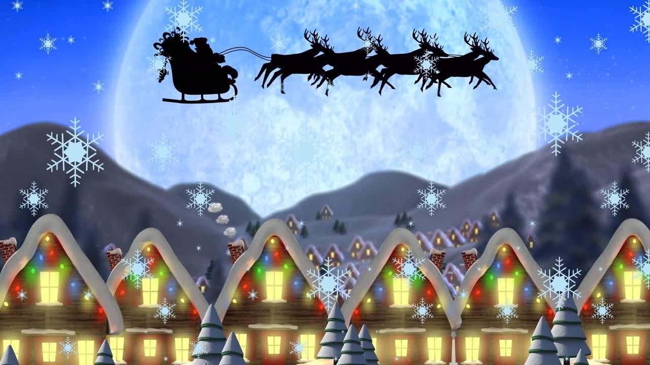 산타가  ⁇ 매를 타고 있는 크리스마스 겨울 풍경의 애니메이션