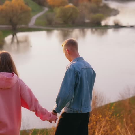 couple on walk in nature. back view of couple holding hands while walking together in park