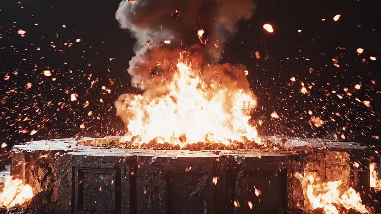 Fuoco e fumo drammatici che si innalzano da un antico altare di pietra