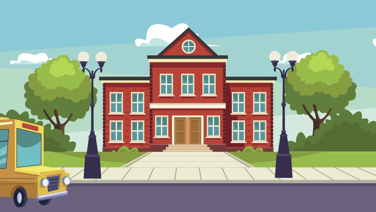 버스 장면 을 가진 학교 건물 앞면