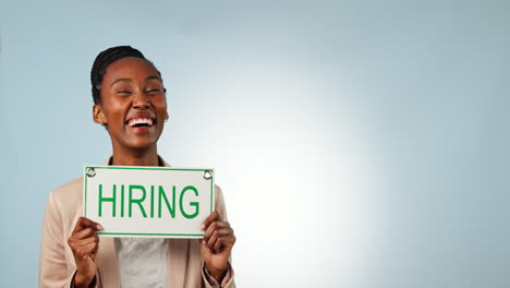 Happy-black-woman,-hiring-sign