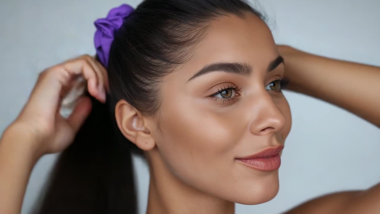 Raising hands woman pulling hair, tying high ponytail in studio with makeup and purple scrunchie