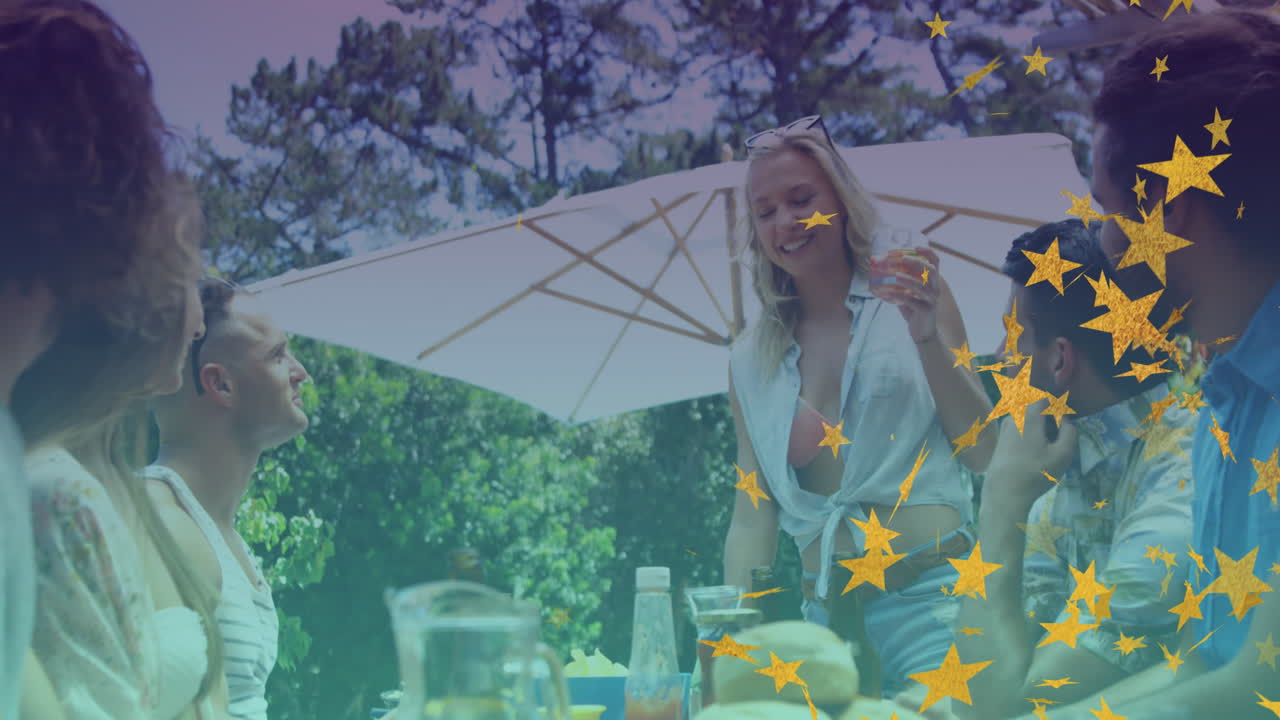 다양한 친구들의 그룹이 바비큐를 하고 얘기하는 별들의 애니메이션