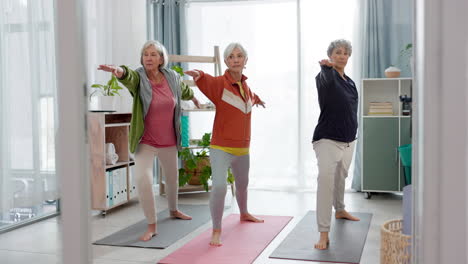 home, yoga and elderly women stretching