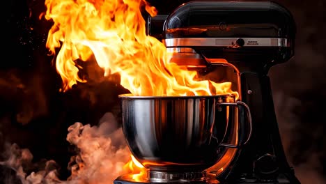 un mezclador de cocina negro con llamas saliendo de él