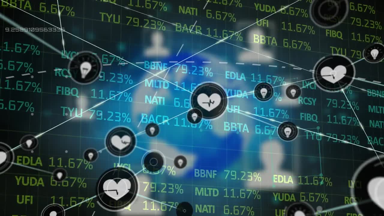 디지털 아이콘 네트워크의 애니메이션 및 프로파일 및 글로브에 대한 증권 시장 데이터 처리