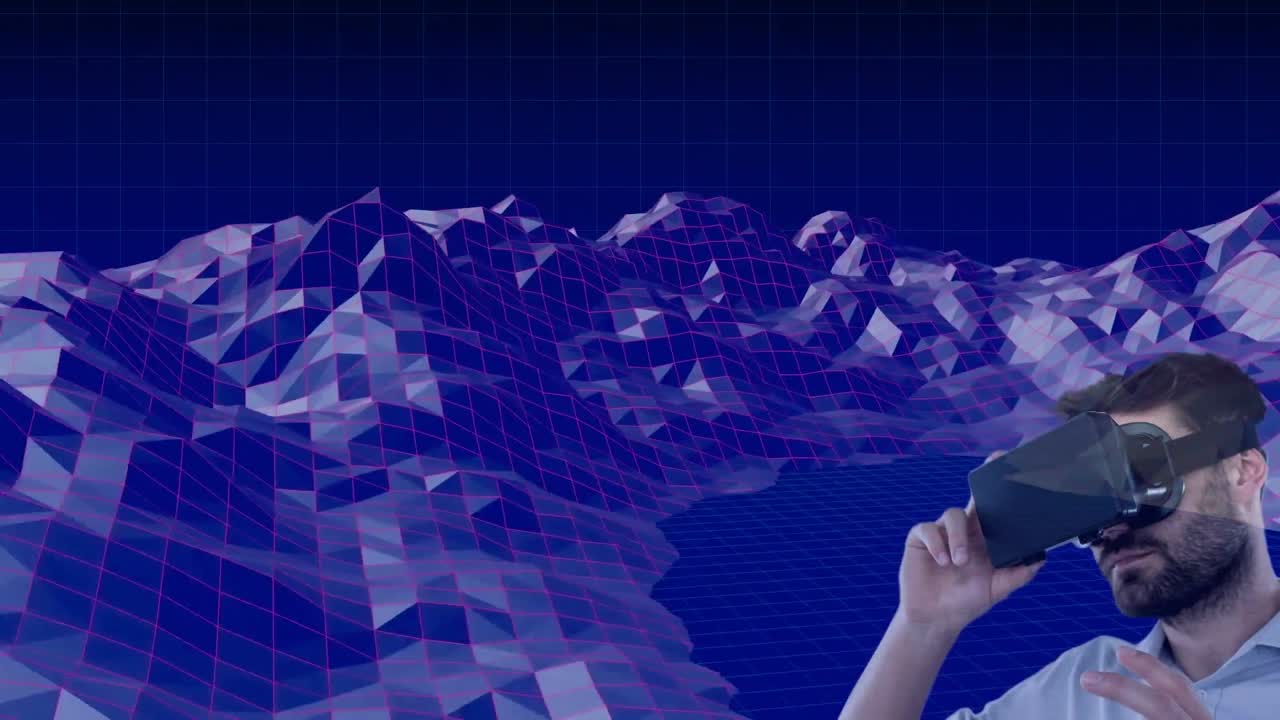 Caucasian man wearing vr headset against 3d mountain structures spinning against blue background