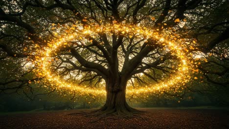 a majestic tree illuminated by a glowing ring of radiant leaves, captured in two stunning frames showcasing nature's beauty and enchantment