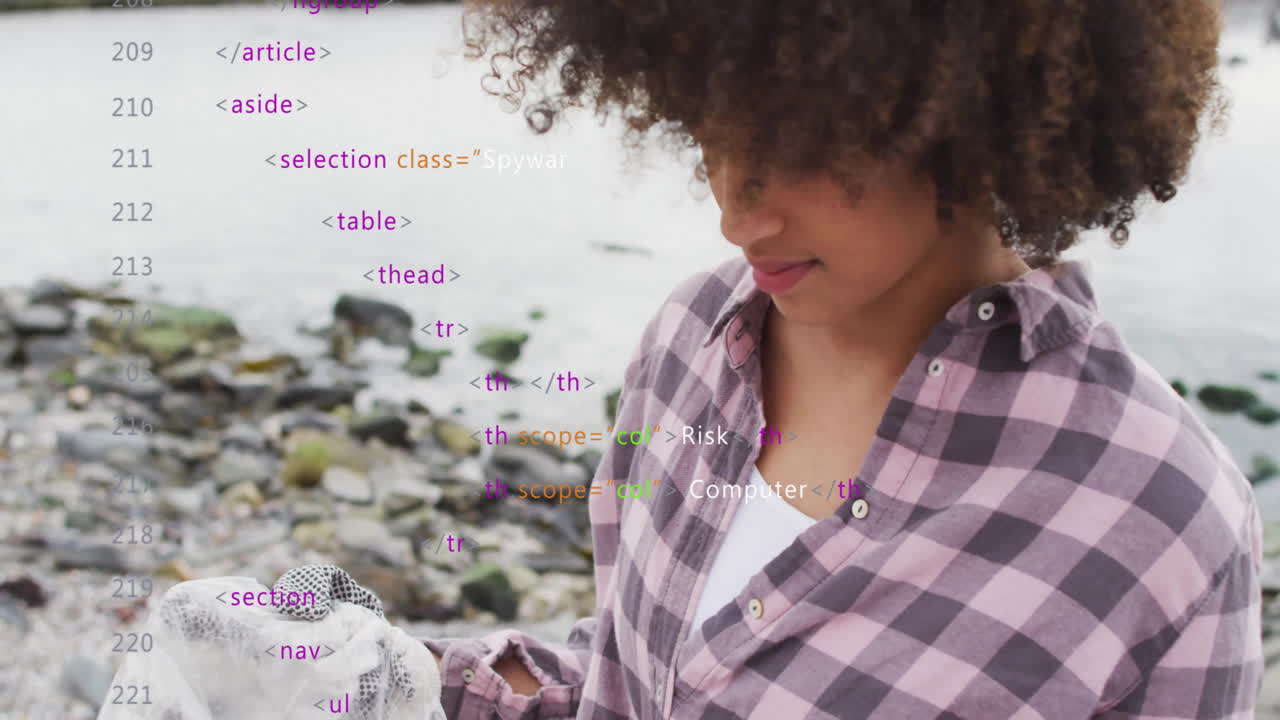 animación de procesamiento de datos sobre mujer afroamericana limpiando en la playa