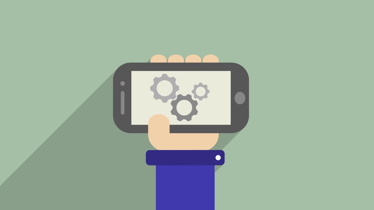 The drawn hand of a man holds a phone with the image of gears. The gears are turning. Flat style. Motion graphics.