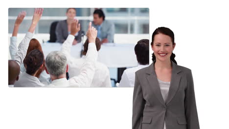 mujer de negocios mostrando pantalla con reunión de negocios