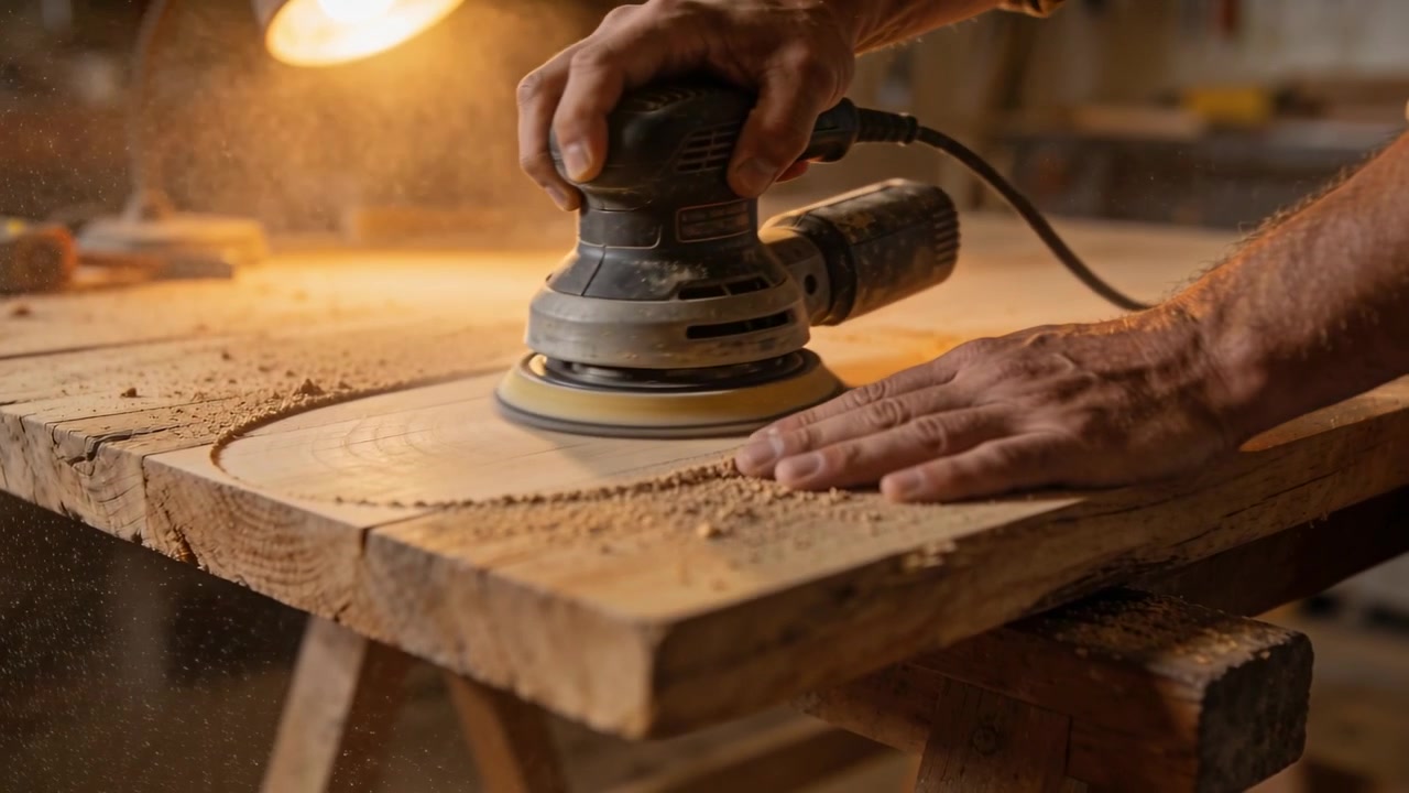 Sanding worker's hands rolled sleeves pressing orbital sander on bench, smoothing plank under lamp