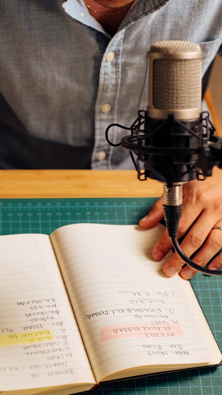 Vertical video: Opening notebook host at desk in light shirt flipping pages adjusting mic to record