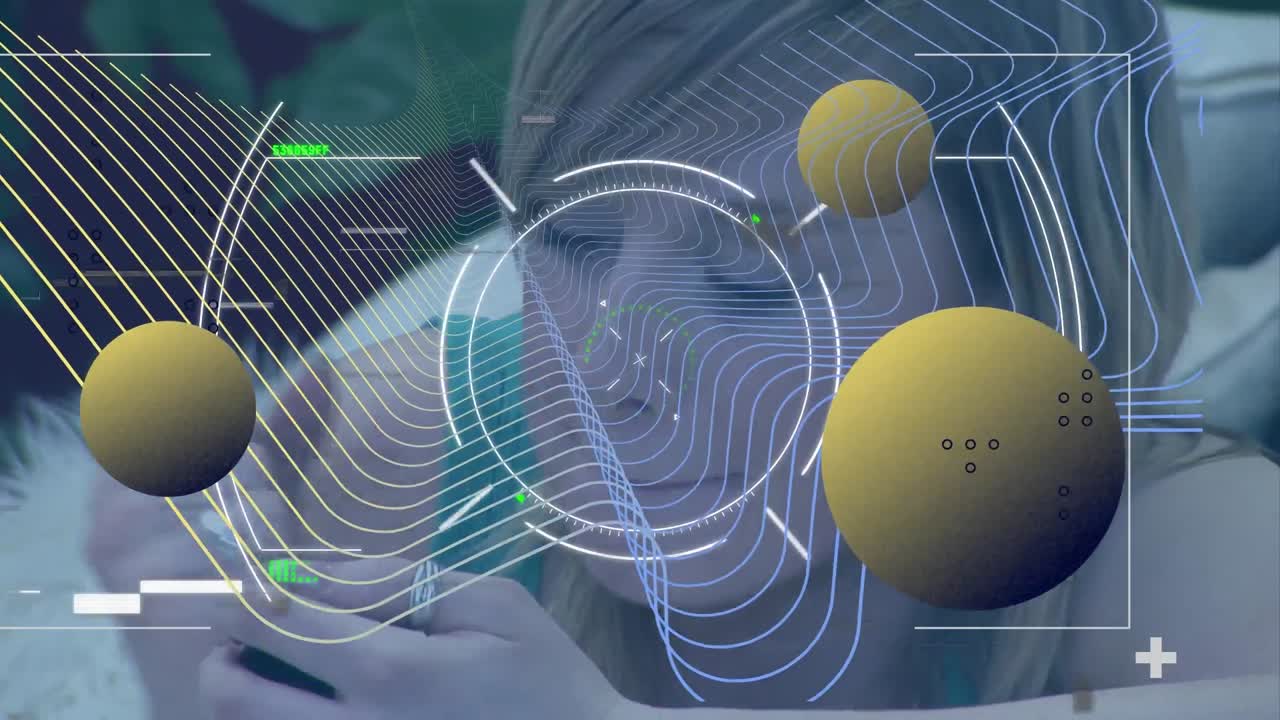 Animation of globes with data processing over woman's face