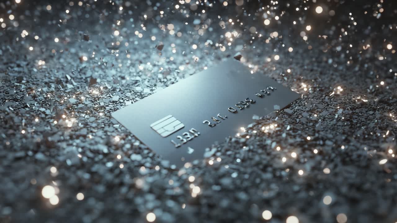 Premium dark credit card resting on a bed of sparkling, glittering particles creating a luxurious and magical atmosphere ideal for finance, banking, and exclusive membership concepts