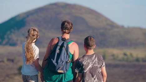 family hiking and enjoying a scenic mountain view