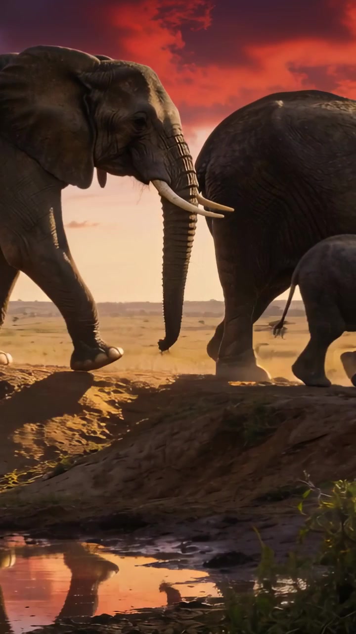 Vertical video: Walking trio of elephants moving along eroded bank at sunset, waterhole reflections