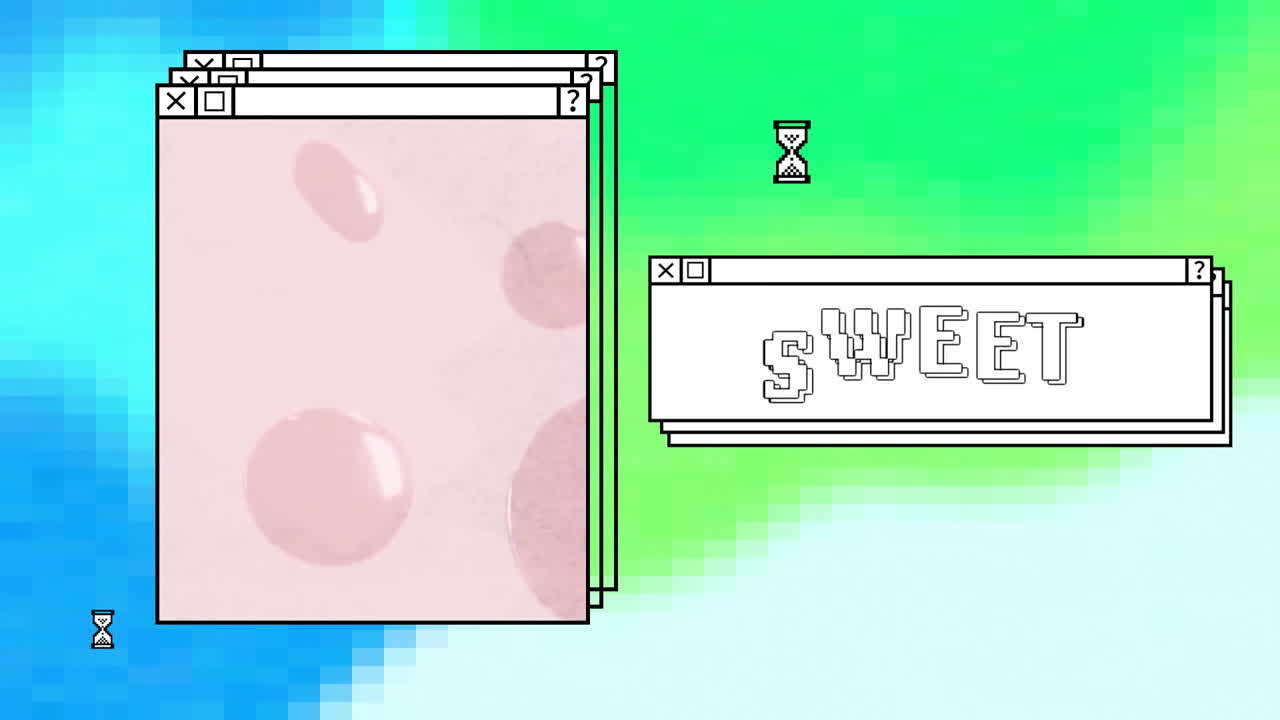 Animation of sweet text over computer screens and vibrant background