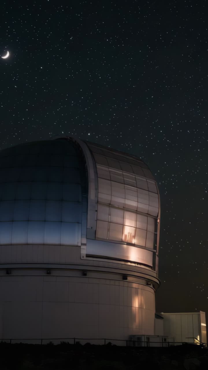 Vertical video: Gray dome pivoting while night falling under stars with lit scope and crescent moon