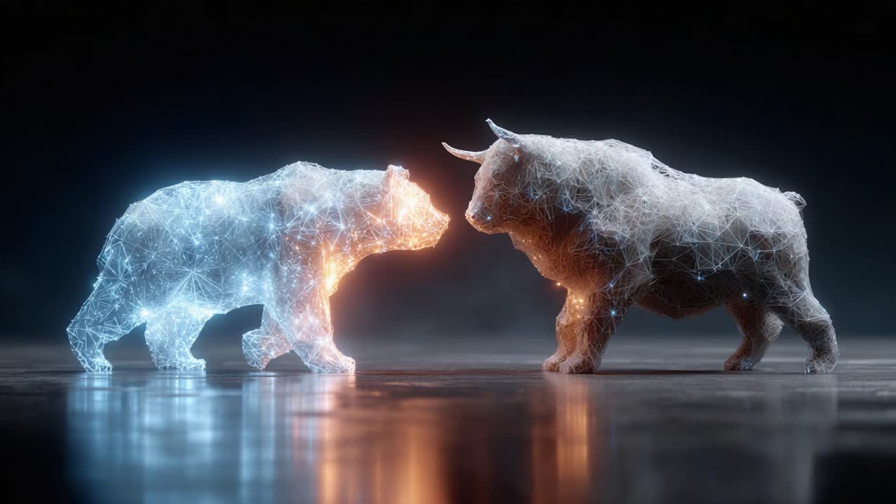 A Digital Fusion of Strength: The Metaphorical Encounter Between a Bull and a Bear Representing Market Forces in a Futuristic Environment