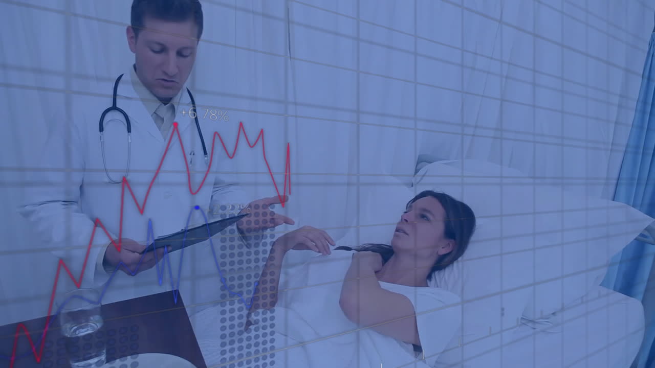 백인 남성 의사와 여성 환자에 대한 데이터 처리의 애니메이션