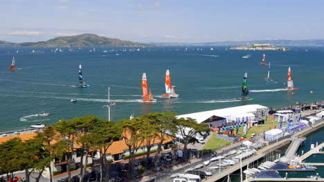 aerial, competitive sailing catamarans at the san francisco sail gp grand prix