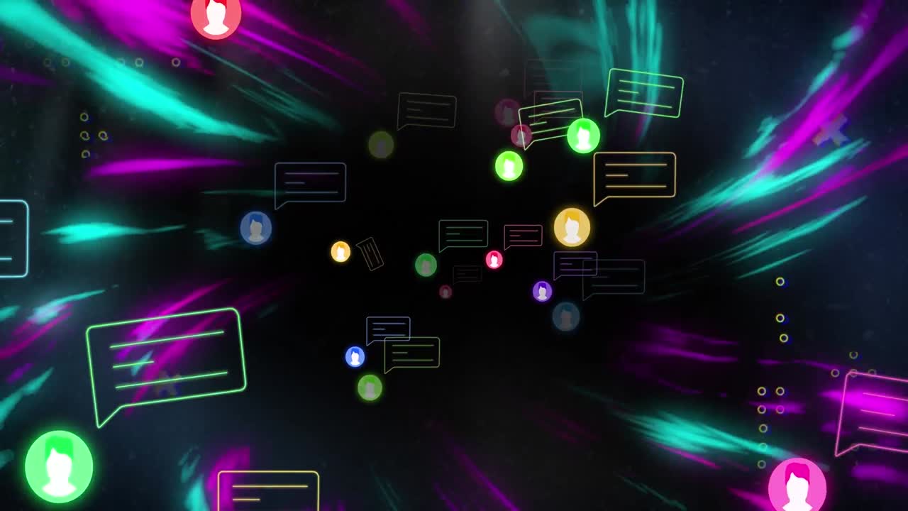 Animation of media icons and shapes on black background