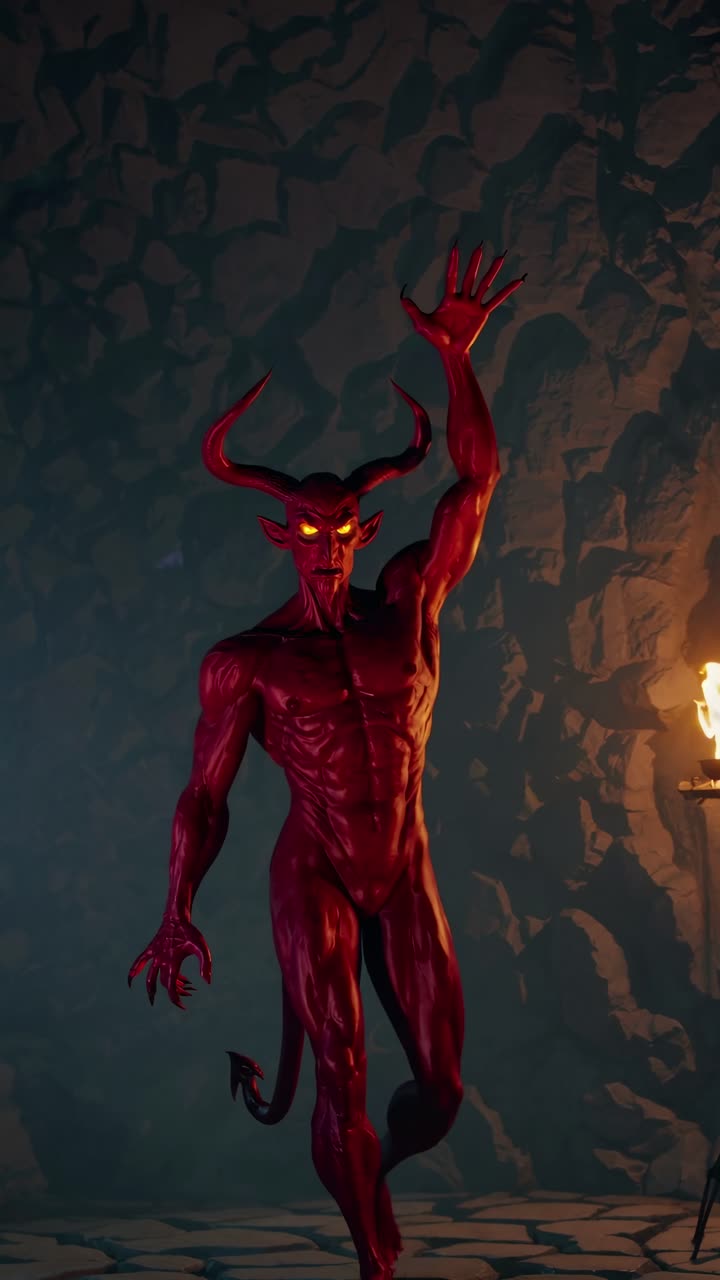 Un personaggio demoniaco in stile videogioco con occhi e corna incandescenti, ripreso da un angolo basso