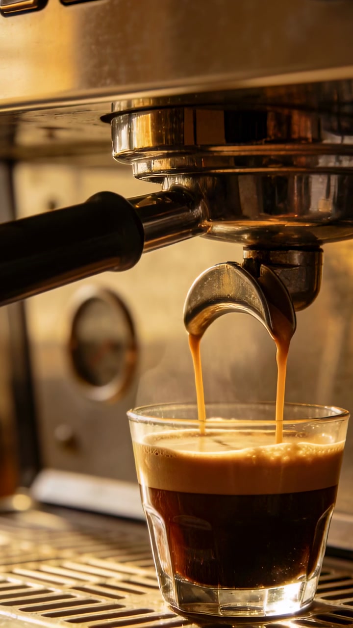Vertical video: Brewing portafilter spout pulling shot to glass at counter, producing espresso shot